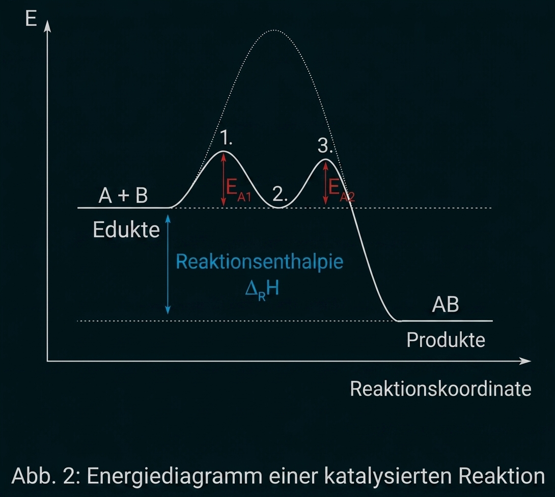 Energiediagramm katalysierte Reaktion: Edukte A+B, Aktivierungsenergien, Reaktionsenthalpie ΔR H, Produkt AB